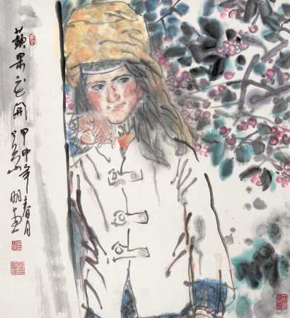 吴山明 甲申（2004年）作 苹果花开 镜心